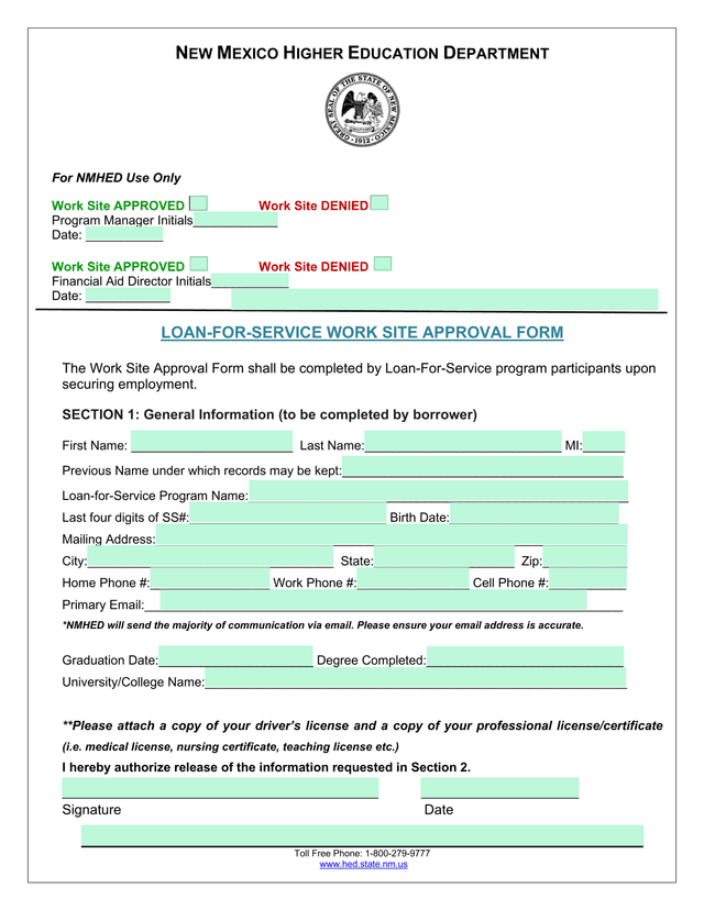 Loan For Service Work Site Approval Form screenshot