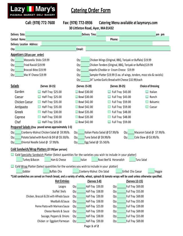 Catering Order Form screenshot