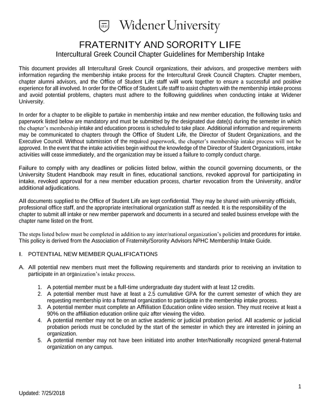 Intercultural Greek Council Chapter Guidelines For Membership Intake screenshot