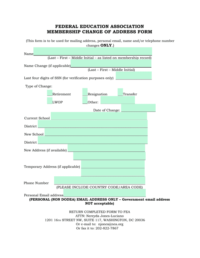 FEDERAL EDUCATION ASSOCIATION MEMBERSHIP CHANGE OF ADDRESS FORM screenshot