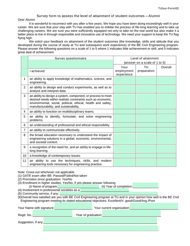 Survey Form To Assess The Level Of Attainment Of Student Outcomes  Alumni screenshot