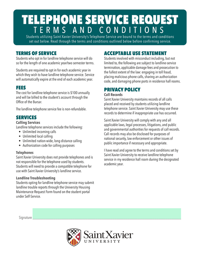 Saint Xavier University Landline Telephone Service Terms And Conditions screenshot