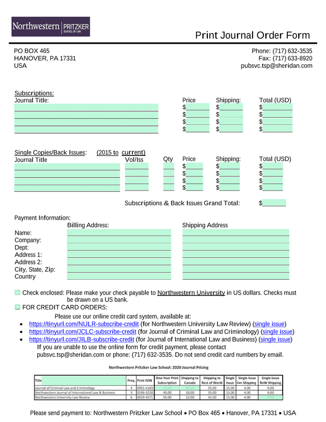 Print Journal Order Form screenshot