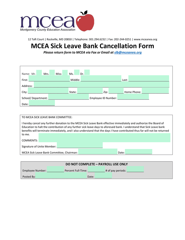MCEA Sick Leave Bank Cancellation Form screenshot