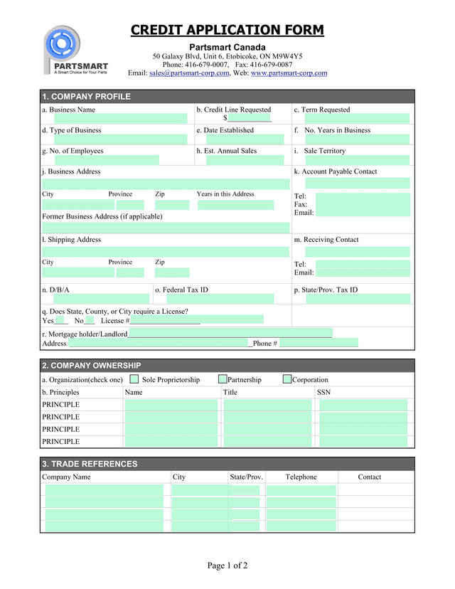 CREDIT APPLICATION FORM screenshot