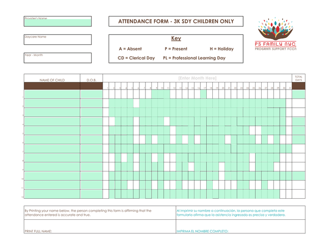 ATTENDANCE FORM   3K SDY CHILDREN ONLY screenshot