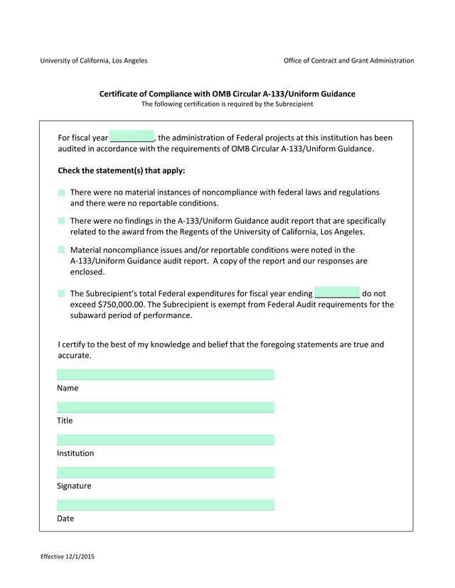 Certificate Of Compliance With OMB Circular A 133Uniform Guidance screenshot