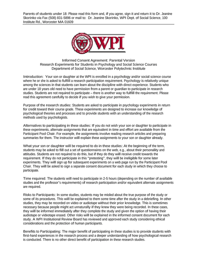 Informed Consent Agreement Parental Version screenshot