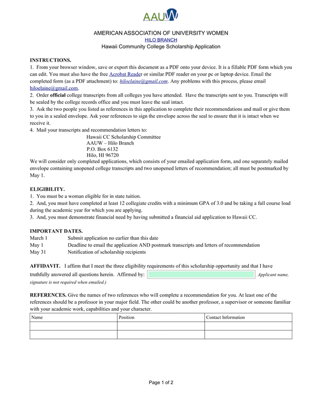 Hawaii Community College Scholarship Application screenshot