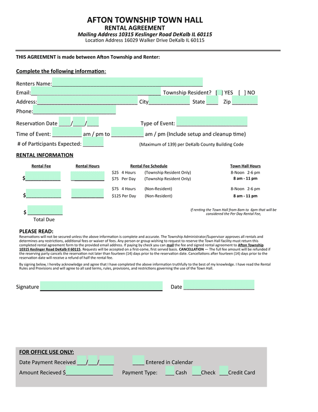 Afton Township Town Hall Rental Agreement screenshot