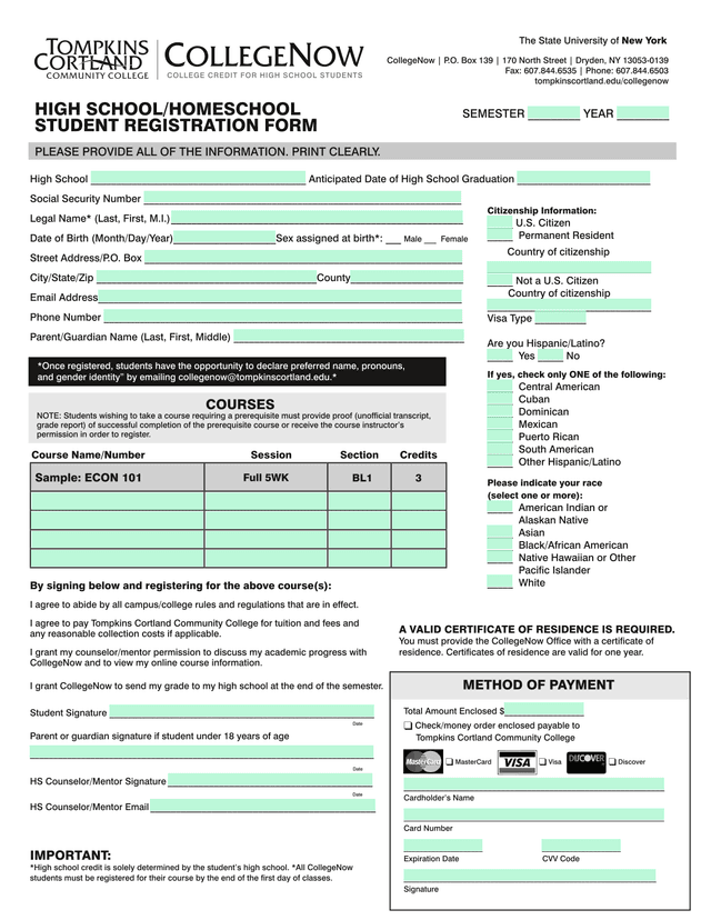 CollegeNow Enrollment Form screenshot