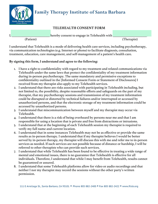 Telehealth Consent Form screenshot