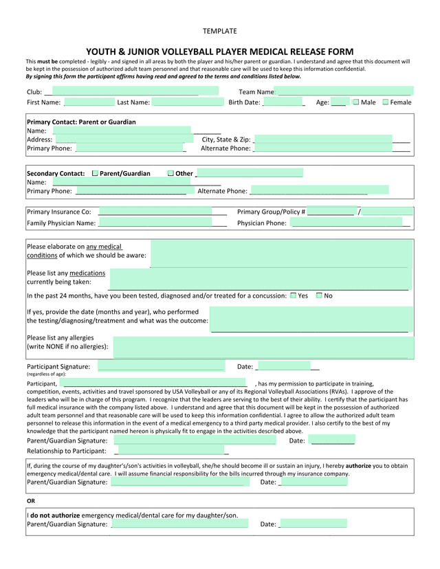 YOUTH  JUNIOR VOLLEYBALL PLAYER MEDICAL RELEASE FORM screenshot