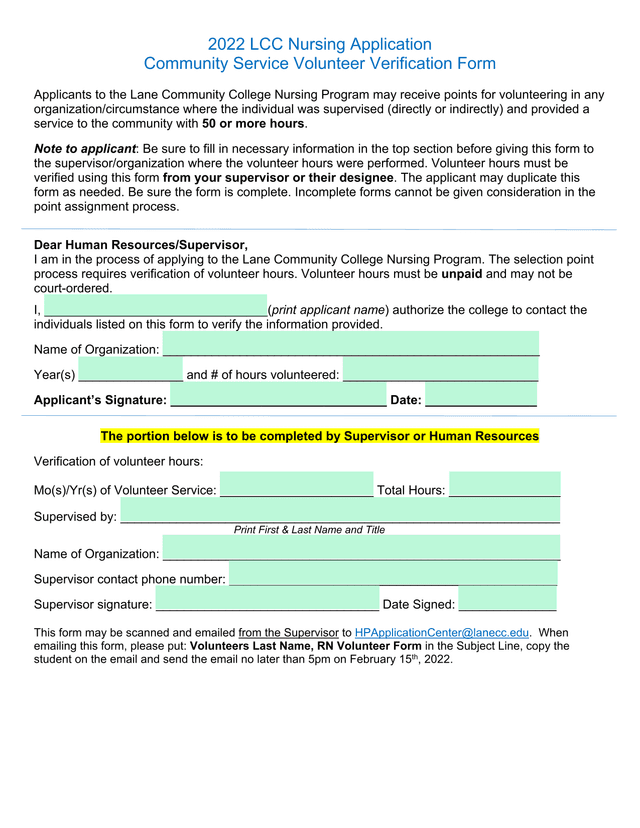 2022 LCC Nursing Application Community Service Volunteer Verification Form screenshot