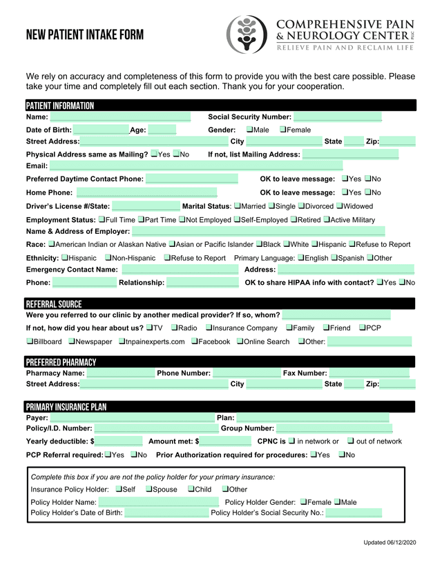 NEW PATIENT INTAKE FORM screenshot