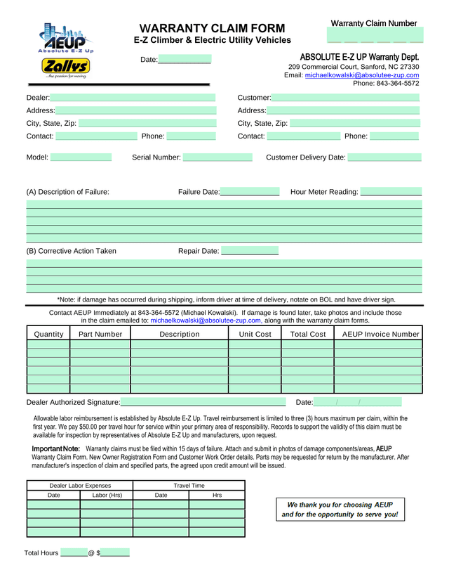 Warranty Claim Form screenshot
