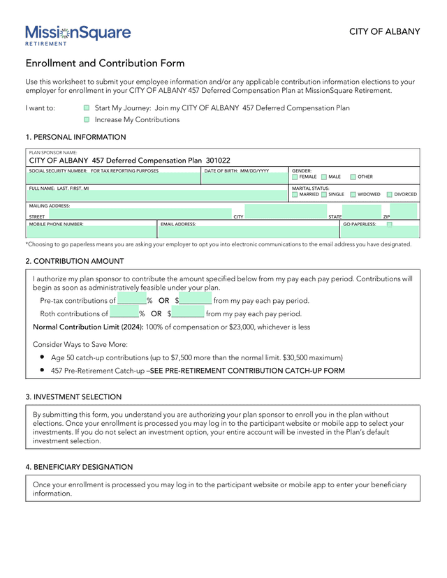 City Of Albany 457 Deferred Compensation Plan Enrollment And Contribution Form screenshot