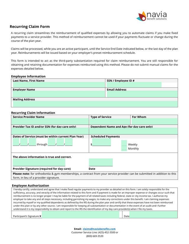 Recurring Claim Form screenshot