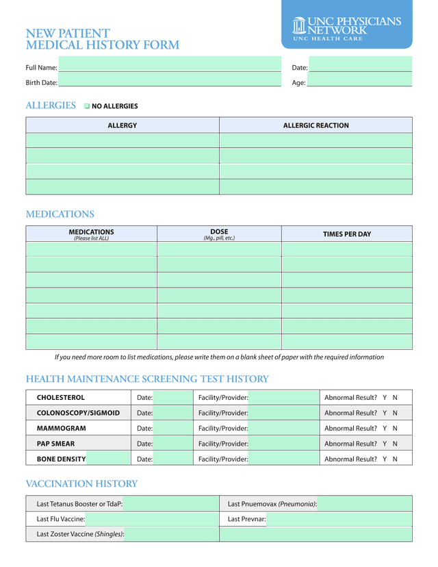 NEW PATIENT MEDICAL HISTORY FORM screenshot