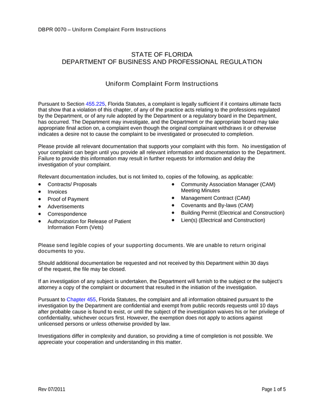 DBPR 0070  Uniform Complaint Form Instructions screenshot