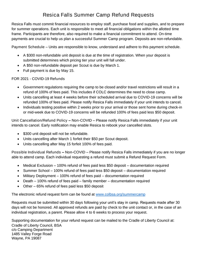 Resica Falls Summer Camp Refund Requests screenshot