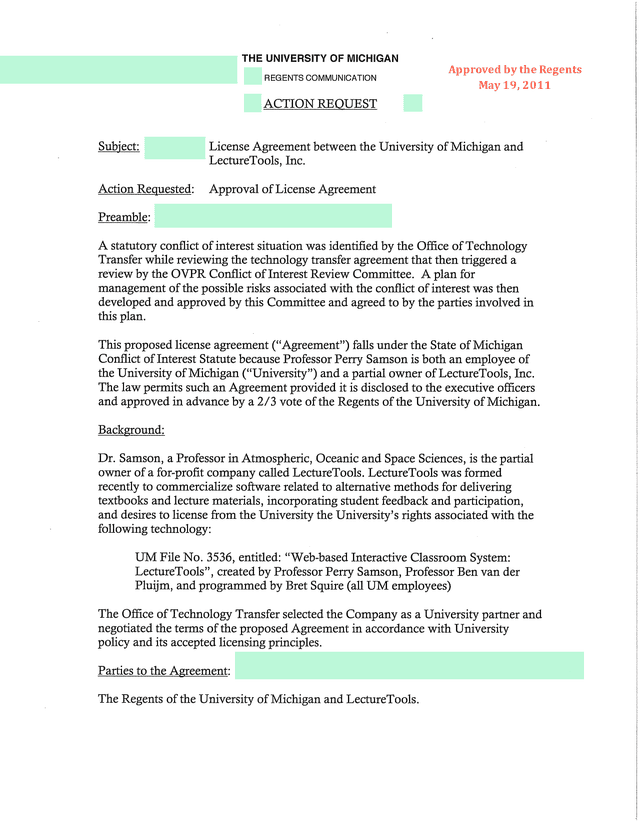 License Agreement Between The University Of Michigan And LectureTools, Inc. screenshot