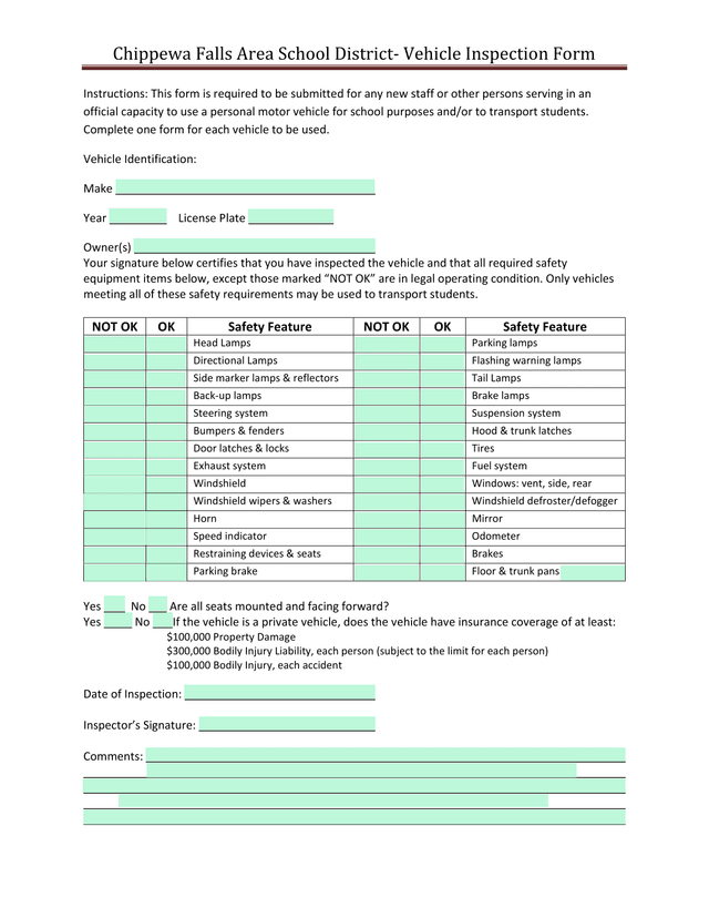 Chippewa Falls Area School District  Vehicle Inspection Form screenshot