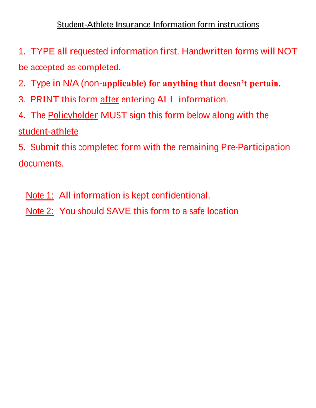 Student Athlete Insurance Information Form screenshot