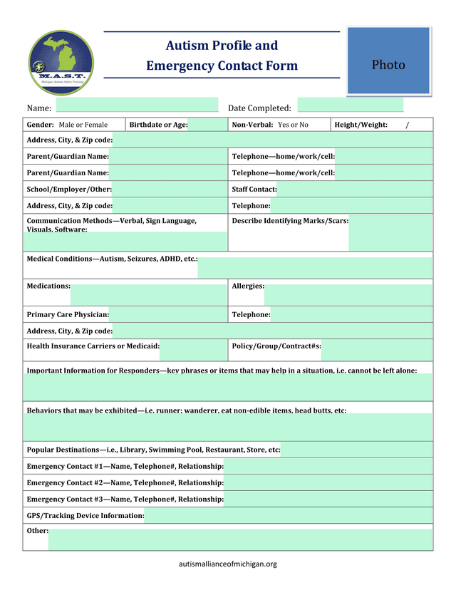 Autism Profile And Emergency Contact Form screenshot