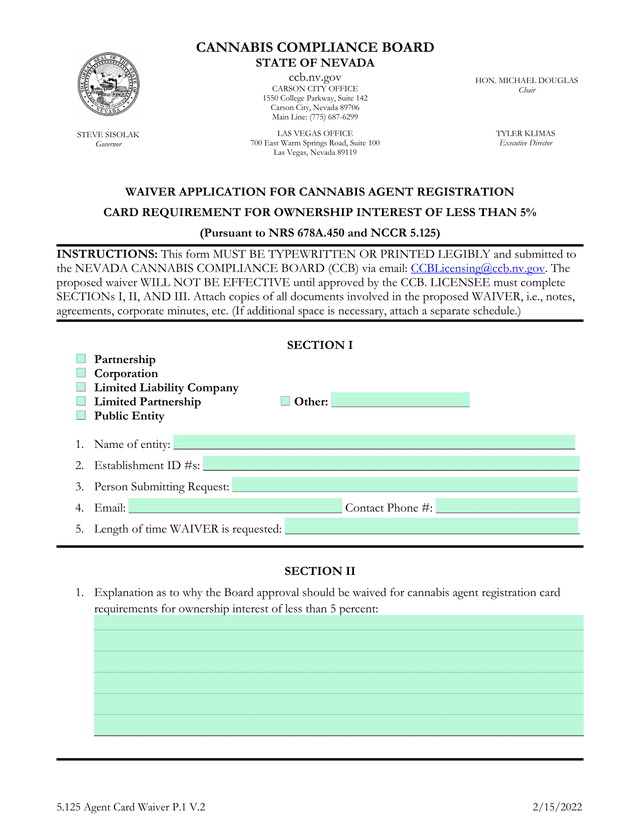 Waiver Application For Cannabis Agent Registration Card Requirement For Ownership Interest Of Less T screenshot