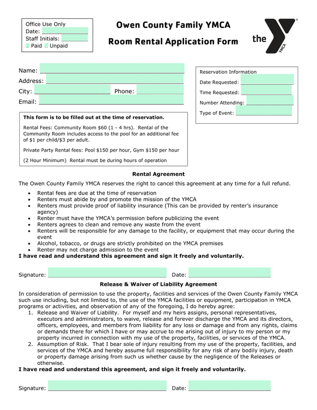 Owen County Family YMCA Room Rental Application Form screenshot