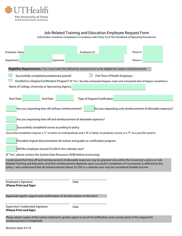Job Related Training And Education Employee Request Form screenshot