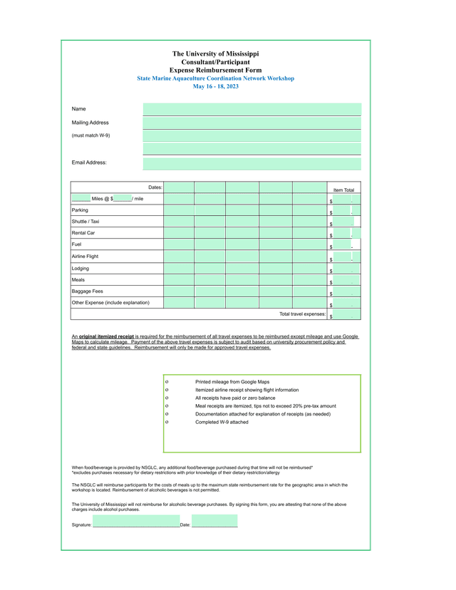 ConsultantParticipant Expense Reimbursement Form screenshot