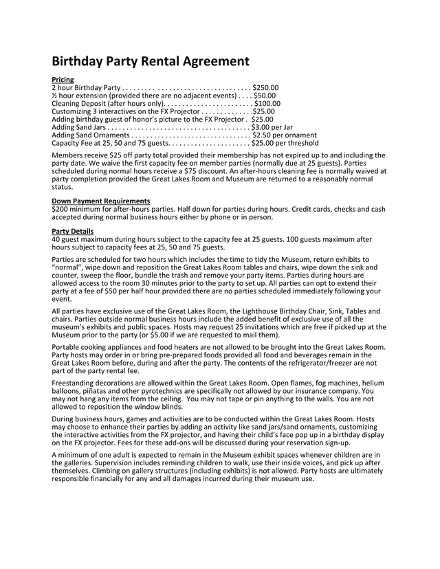 Birthday Party Rental Agreement screenshot