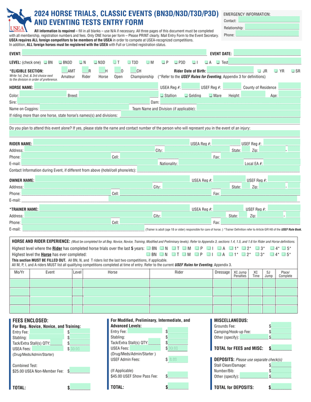USEA Horse Entry Form screenshot