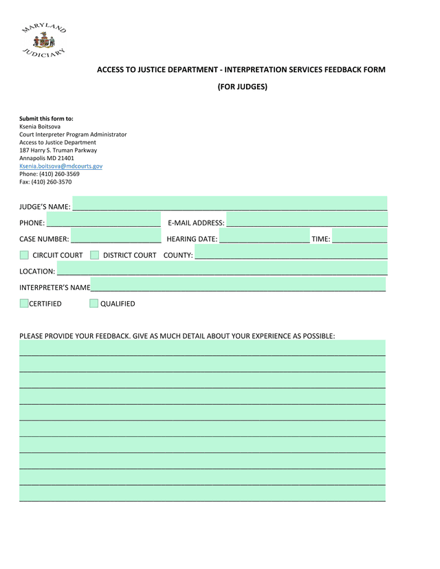 Access To Justice Department   Interpretation Services Feedback Form (For Judges) screenshot