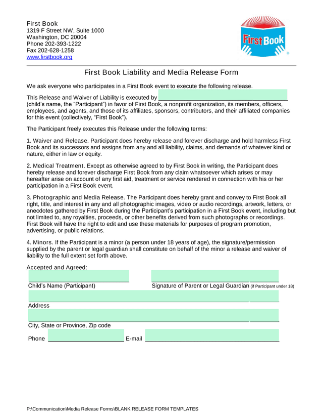 First Book Liability And Media Release Form screenshot