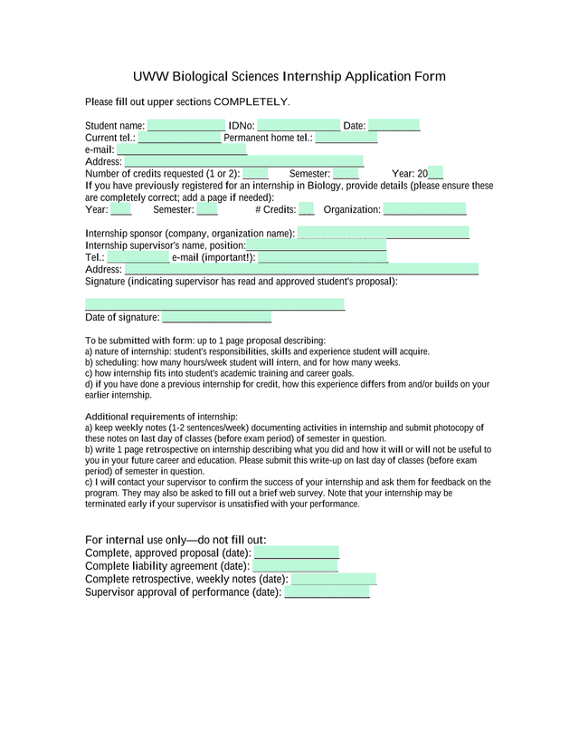 UWW Biological Sciences Internship Application Form screenshot