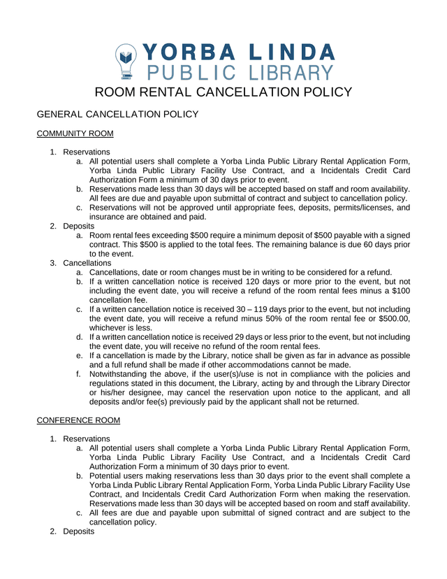 Room Rental Cancellation Policy screenshot