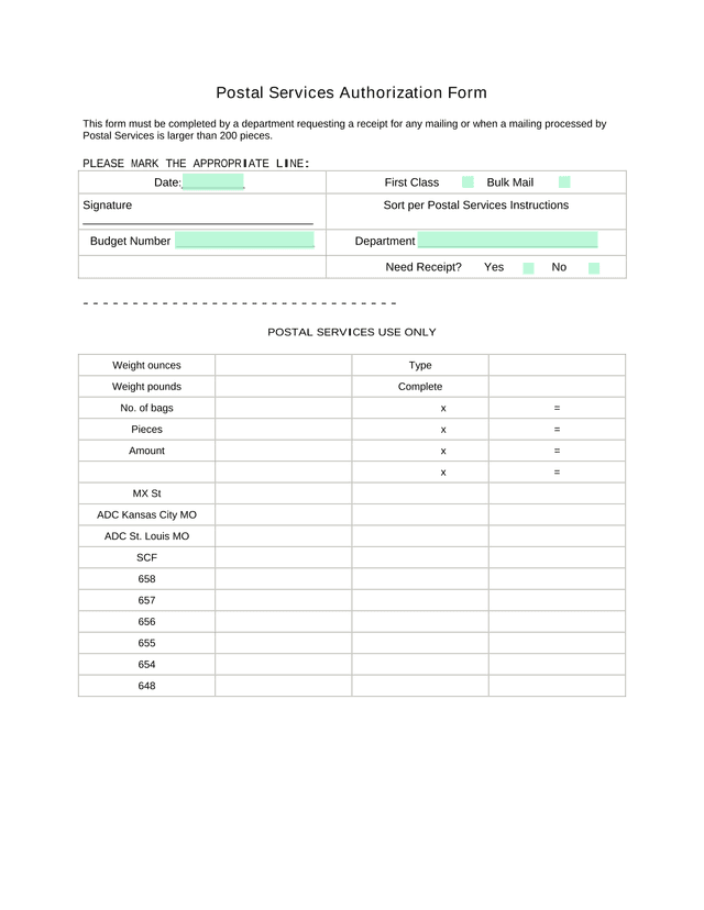 Postal Services Authorization Form screenshot