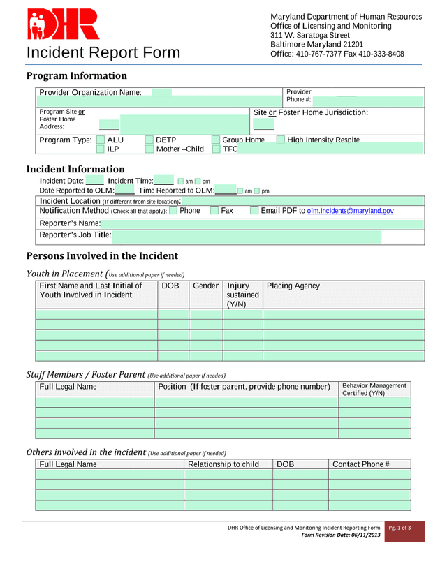 DHR Office Of Licensing And Monitoring Incident Reporting Form screenshot