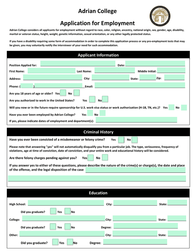 Adrian College Application For Employment screenshot