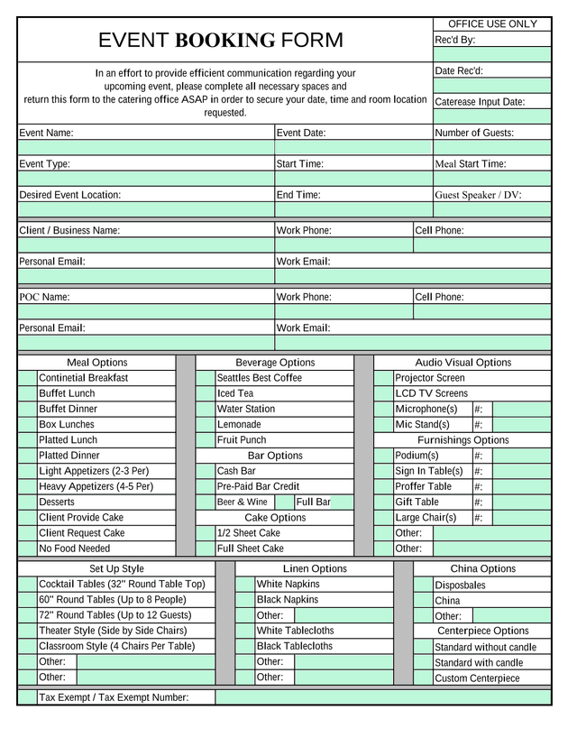 EVENT BOOKING FORM screenshot