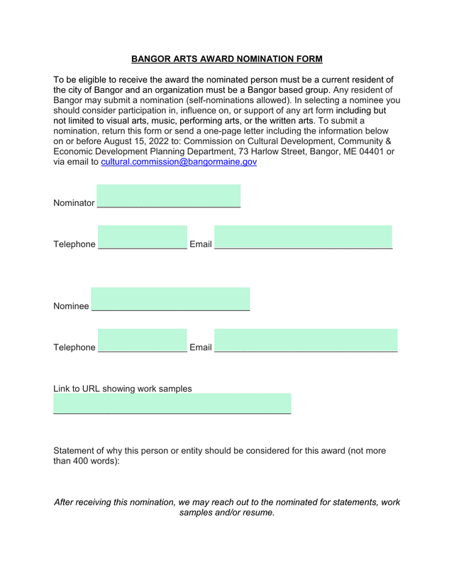 Bangor Arts Award Nomination Form screenshot