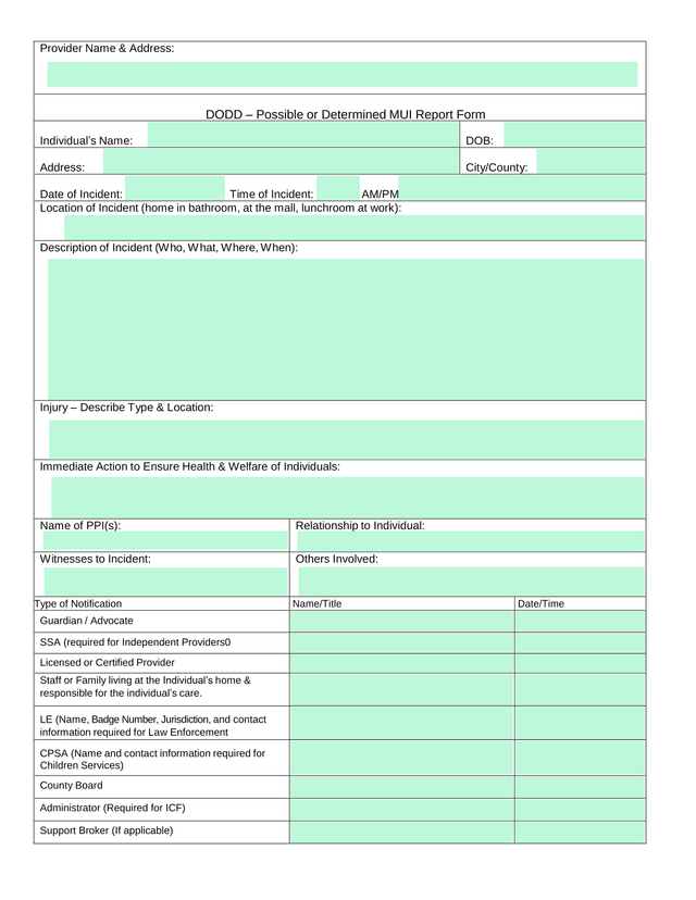 DODD  Possible Or Determined MUI Report Form screenshot