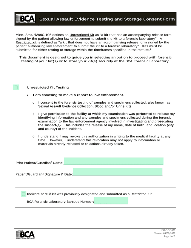 Sexual Assault Evidence Testing And Storage Consent Form screenshot