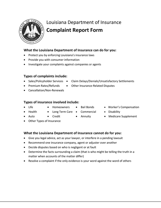 Louisiana Department Of Insurance Complaint Report Form screenshot