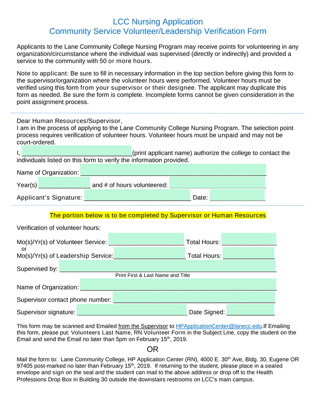 LCC Nursing Application Community Service VolunteerLeadership Verification Form screenshot