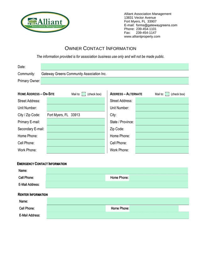 Owner Contact Information Form screenshot