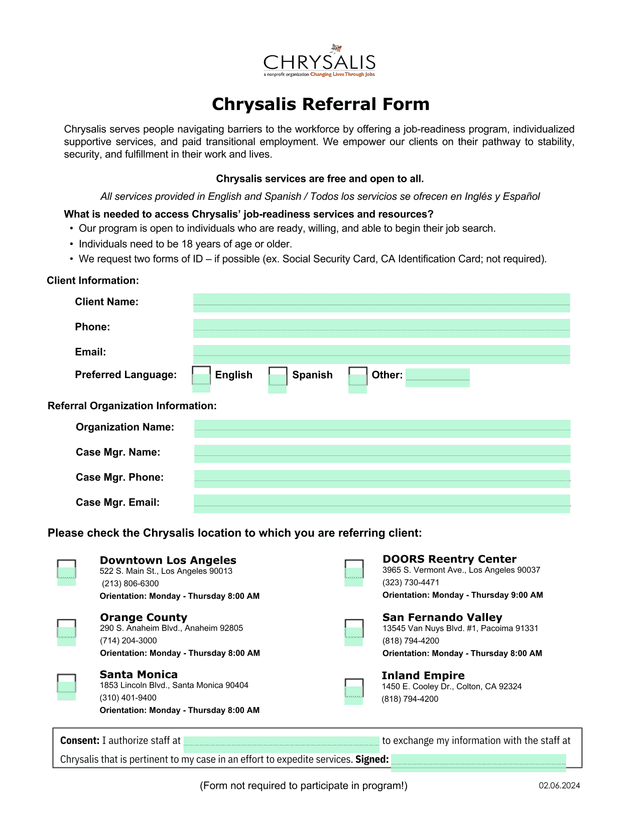 Chrysalis Referral Form screenshot